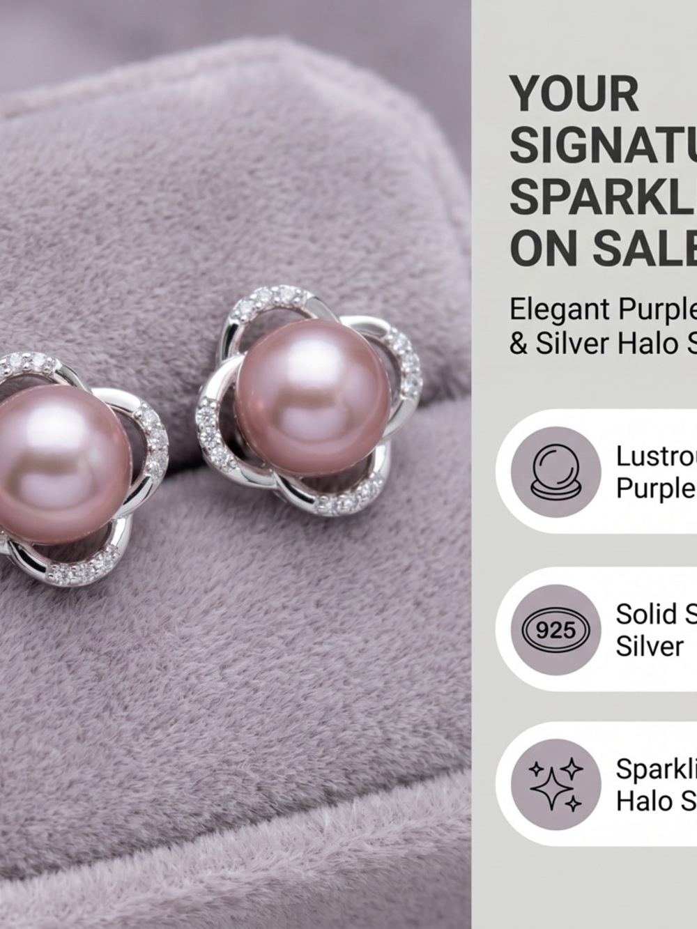 Elegant Purple Pearl & Silver Halo Stud Earrings in 925 Sterling Silver - Picture 6 of 6